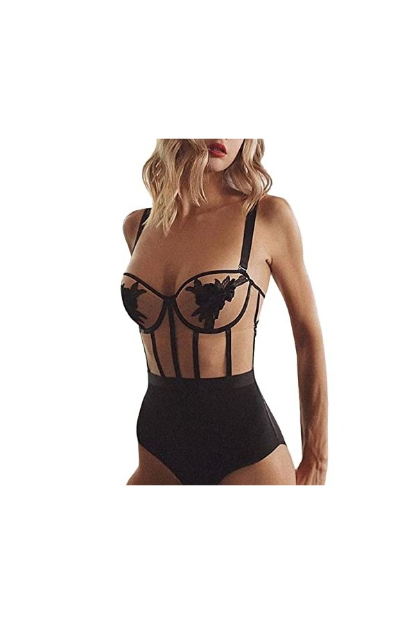 AYJMA Costume Sexy Femme Motif Fleur Transparent Dos Nu sans Manches Sling Body pour Nuits,Noir,S