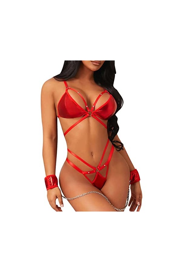 MERNEL Vêtements sexuels Ensemble de Lingeries de Harnais en Cuir dunité Centrale de Lingerie en Cuir avec lanneau de Main 