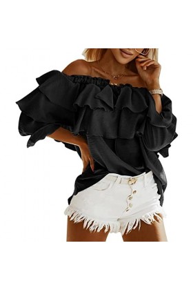 GUPE Chemise Femme Manches Longues avec Larges Volants sur la Poitrine et les épaules XL 