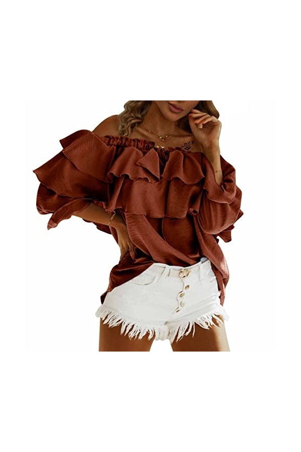 GUPE Chemise Femme Manches Longues avec Larges Volants sur la Poitrine et les épaules XL 