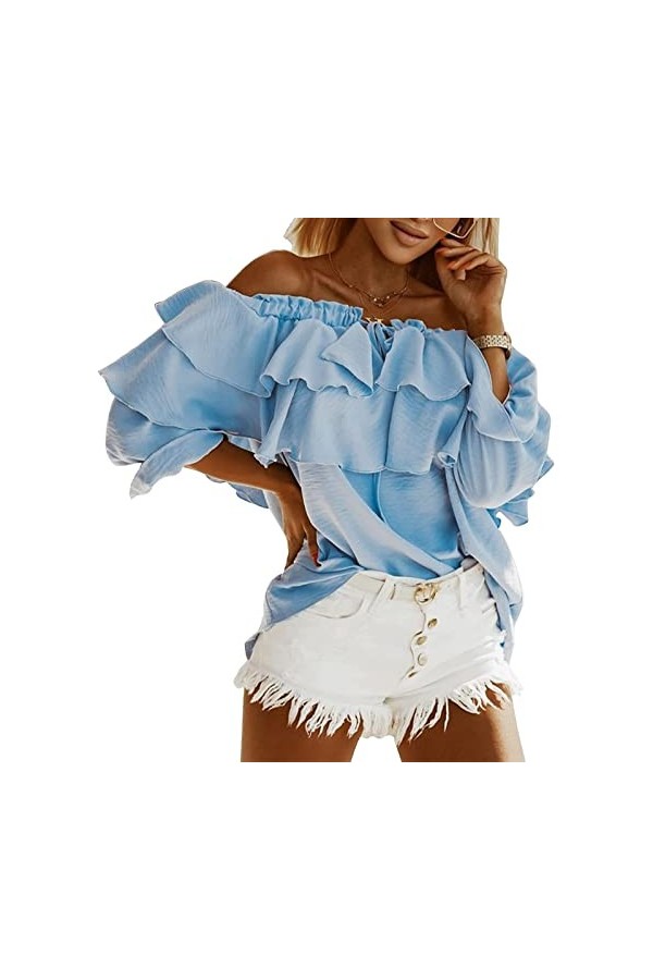 GUPE Chemise Femme Manches Longues avec Larges Volants sur la Poitrine et les épaules XL 