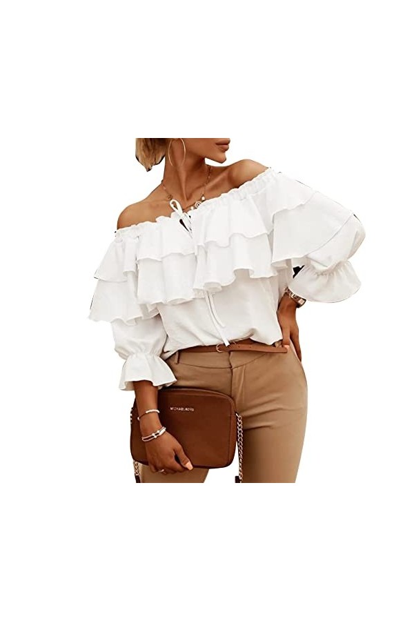 GUPE Chemise Femme Manches Longues avec Larges Volants sur la Poitrine et les épaules XL 