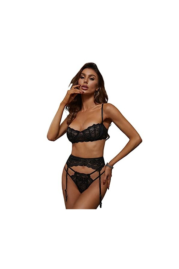 DAPERCI Lingerie en Maille pour Femmes, Tentation Dos Nu en Dentelle, Ensemble Deux Pièces Sexy Perspective, Noir, S,Sexy sou