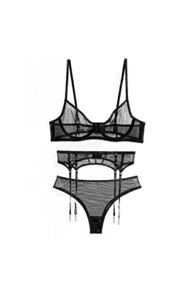 DAPERCI Sexy Femmes Dentelles Nuisettes Vetements, Perspective Section Mince, Porte-Jarretelles Trois pièces Ensemble de 2, N