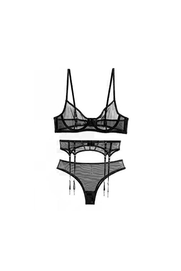 DAPERCI Sexy Femmes Dentelles Nuisettes Vetements, Perspective Section Mince, Porte-Jarretelles Trois pièces Ensemble de 2, N