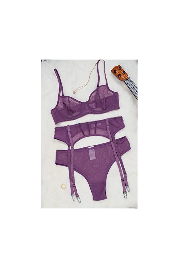 DAPERCI Sexy Femmes Dentelles Nuisettes Vetements, Perspective Section Mince, Porte-Jarretelles Trois pièces Ensemble de 2, N