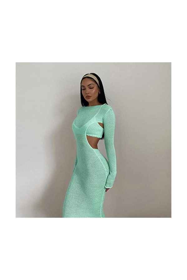 VUHF Tricot Creux Sexy 2 pièces Ensemble Femme Camisole Extensible Top Robe à Manches Longues Femelle Partie Clubwear Corresp