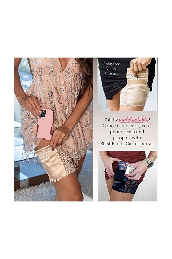 Stashbandz Porte-jarretelles avec poignée en silicone et 2 poches sécurisées, beige, S