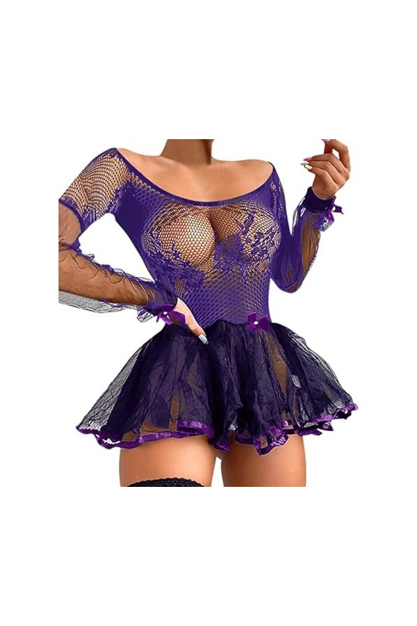 Lingerie Sexy Hot Chaude Lingerie Érotique Robe Patchwork en Dentelle Transparente À Manches Longues Scoop,Bleu,XL