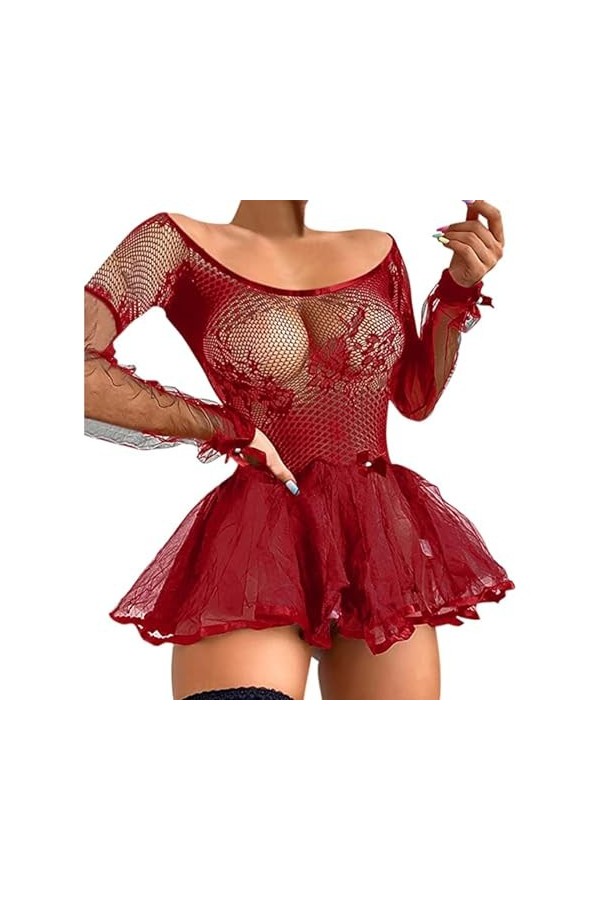 Lingerie Sexy Hot Chaude Lingerie Érotique Robe Patchwork en Dentelle Transparente À Manches Longues Scoop,Bleu,XL