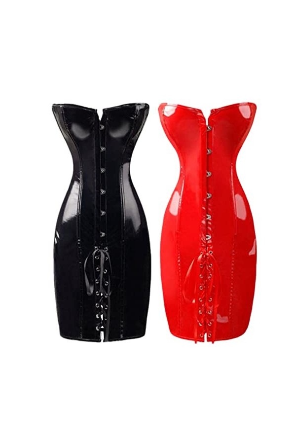 SHANHE Steampunk Femmes Brillant PU Cuir Overbust Long Corset Robe Taille Formateur Bustiers Corselet Sexy Col V Profond Cour
