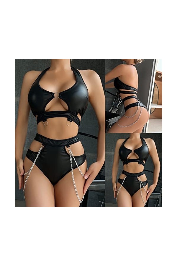sous-vêtements Amusants pour Femmes chaîne en Cuir PU sous-vêtements Amusants fendus Ensemble de Deux pièces avec Cou Suspend