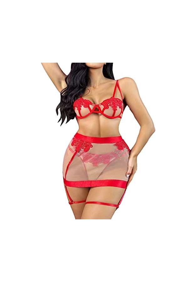 HELLORSOON Femme Body Lingerie Sexy Gainant Cuir Corset Noir Ouvertures provocantes Volants sensuels Combinaison String