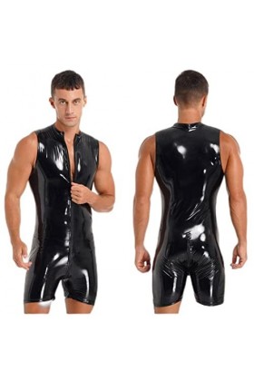 Combinaison noire en cuir verni pour homme - Sans manches - Effet mouillé - Fermeture éclair - Costume de rave - Tenue de pol