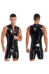 Combinaison noire en cuir verni pour homme - Sans manches - Effet mouillé - Fermeture éclair - Costume de rave - Tenue de pol