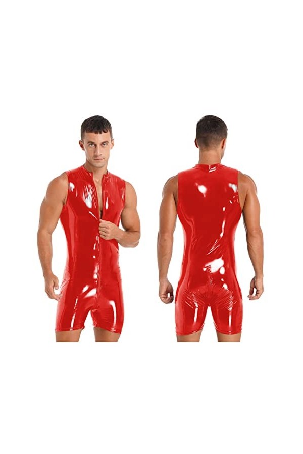 Combinaison noire en cuir verni pour homme - Sans manches - Effet mouillé - Fermeture éclair - Costume de rave - Tenue de pol