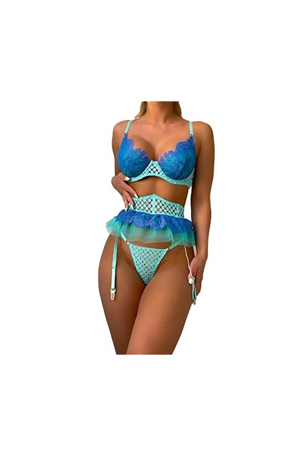 Ensemble de Lingerie Sexy pour Femme 3 Pièces avec Soutien-gorge et Culotte en Dentelle à Blocs de Couleurs avec Porte-jarret