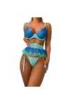 Ensemble de Lingerie Sexy pour Femme 3 Pièces avec Soutien-gorge et Culotte en Dentelle à Blocs de Couleurs avec Porte-jarret