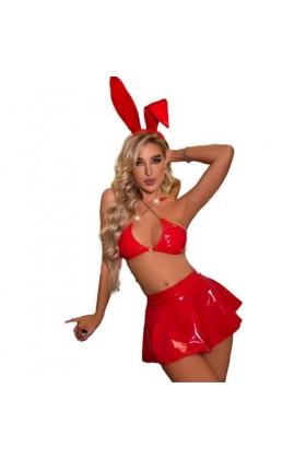 Tenue Sexy avec Oreilles De Lapin Chapeaux Hauts De Soutien-Gorge avec Jupe Ensemble De Lingerie,Rouge,L