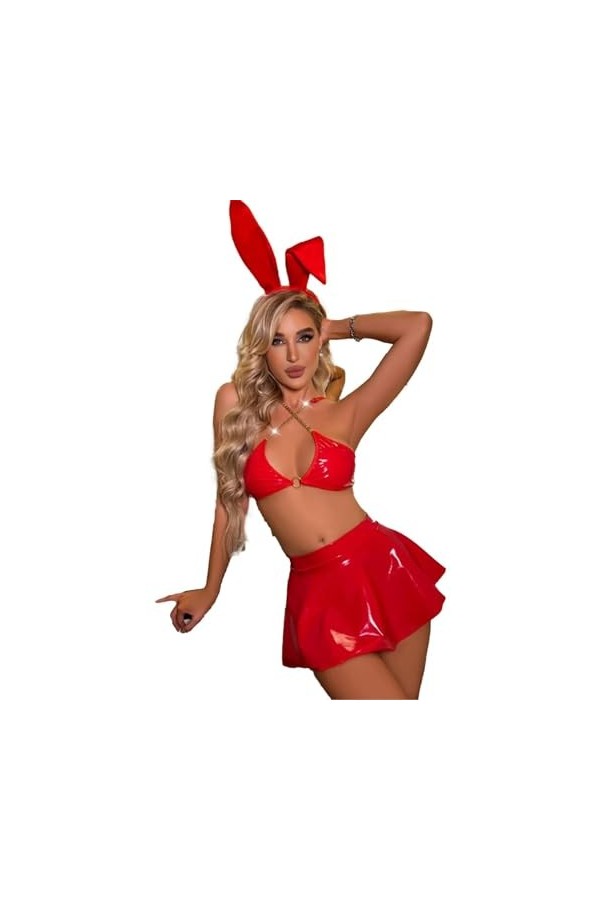 Tenue Sexy avec Oreilles De Lapin Chapeaux Hauts De Soutien-Gorge avec Jupe Ensemble De Lingerie,Rouge,L