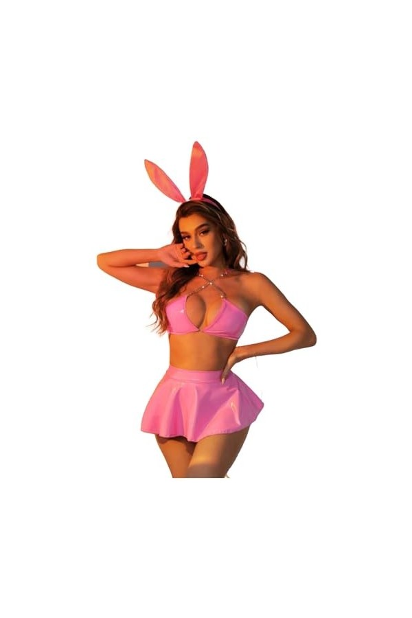 Tenue Sexy avec Oreilles De Lapin Chapeaux Hauts De Soutien-Gorge avec Jupe Ensemble De Lingerie,Rouge,L