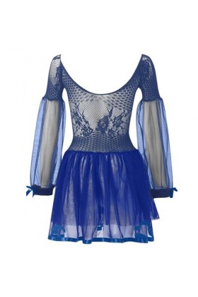 Lingerie Sexy Hot Chaude Lingerie Érotique Robe Patchwork en Dentelle Transparente À Manches Longues Scoop,Bleu,XL