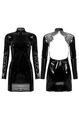 CHOUBAGUAI Robe dos nu en dentelle noire à manches longues pour femme - Style mouillé - Cuir verni - Noir - Taille M