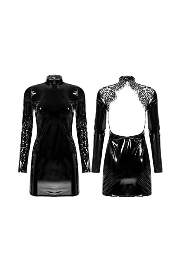 CHOUBAGUAI Robe dos nu en dentelle noire à manches longues pour femme - Style mouillé - Cuir verni - Noir - Taille M
