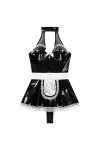 CHOUBAGUAI Costume de soubrette dos nu sans manches dos nu avec bordure en dentelle en cuir verni, noir, S