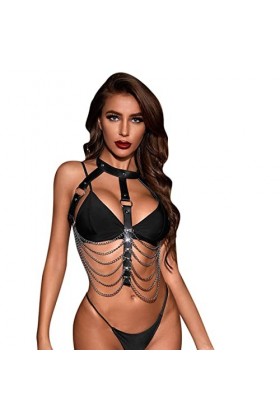 LRWEY Femme Sexy Black Leather Bondage vêtements chaîne Corset Costume Sexy Lingerie Nuit De Silver, One Size 