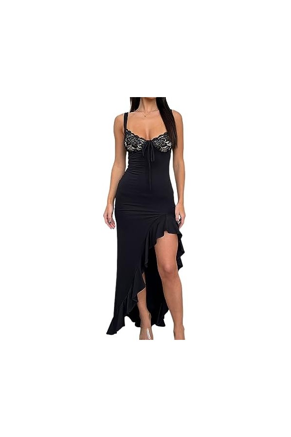 Qoier Femmes été Sexy côté Fendu Maxi Robe Couleur Unie Bretelles Spaghetti laçage irrégulier Longue Robe Clubwear