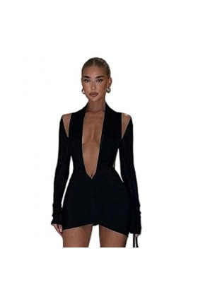 Body Femme Sexy Noir Jupe Courte Manches Longues Robe Découpée Dos Nu Mini Été Dames Costumes De Soirée-Noir,S