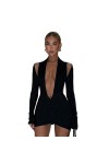 Body Femme Sexy Noir Jupe Courte Manches Longues Robe Découpée Dos Nu Mini Été Dames Costumes De Soirée-Noir,S