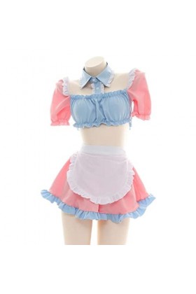 Lingerie sexy Cosplay Costume de soubrette Tenue mignonne Oreille de chat Rose Bleu Haut Court Jupe Uniforme Femme-Rose, Tail