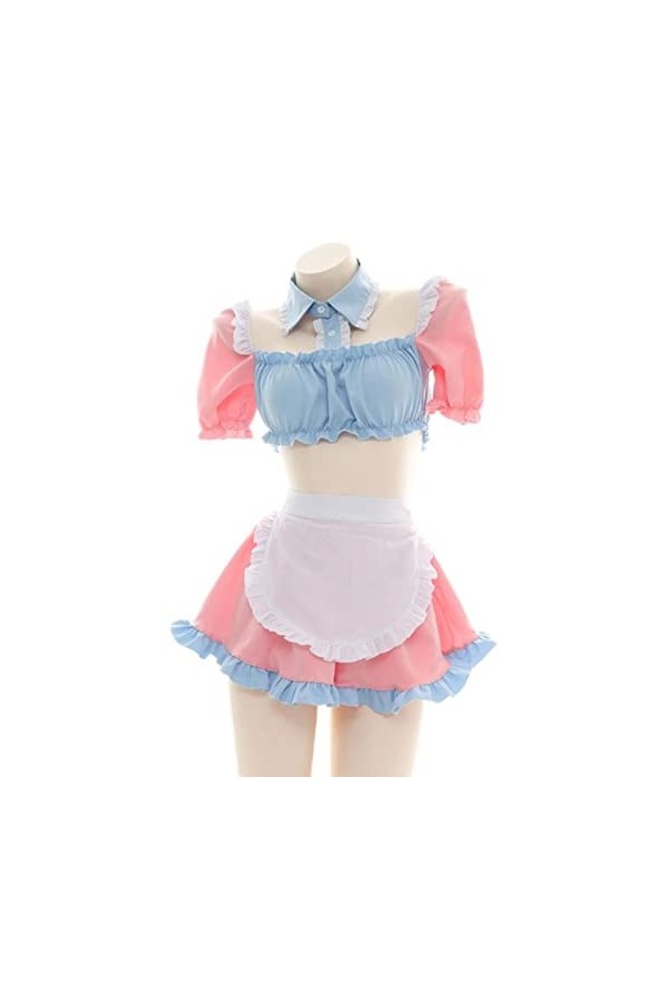 Lingerie sexy Cosplay Costume de soubrette Tenue mignonne Oreille de chat Rose Bleu Haut Court Jupe Uniforme Femme-Rose, Tail