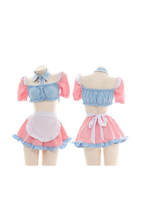 Lingerie sexy Cosplay Costume de soubrette Tenue mignonne Oreille de chat Rose Bleu Haut Court Jupe Uniforme Femme-Rose, Tail