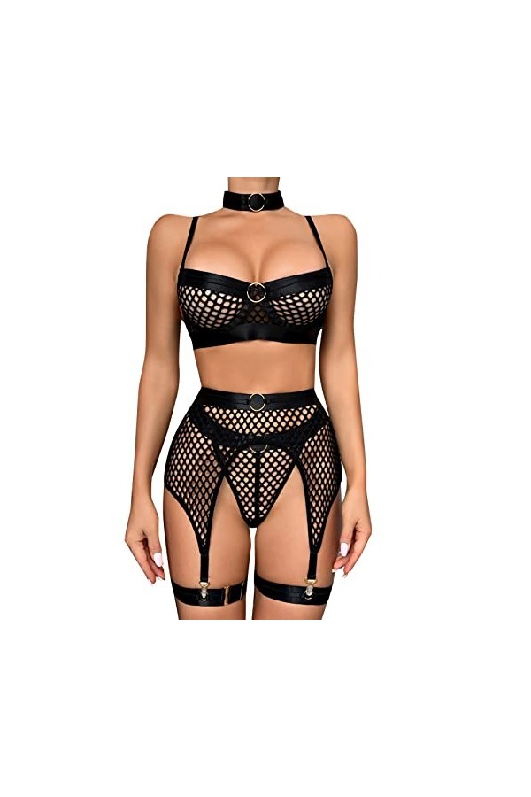 Tenue Sexy avec Trou sous-vêtements Sexy pour Femmes Quatre pièces de Grande épissure en Maille avec Anneau en Acier Crochet 
