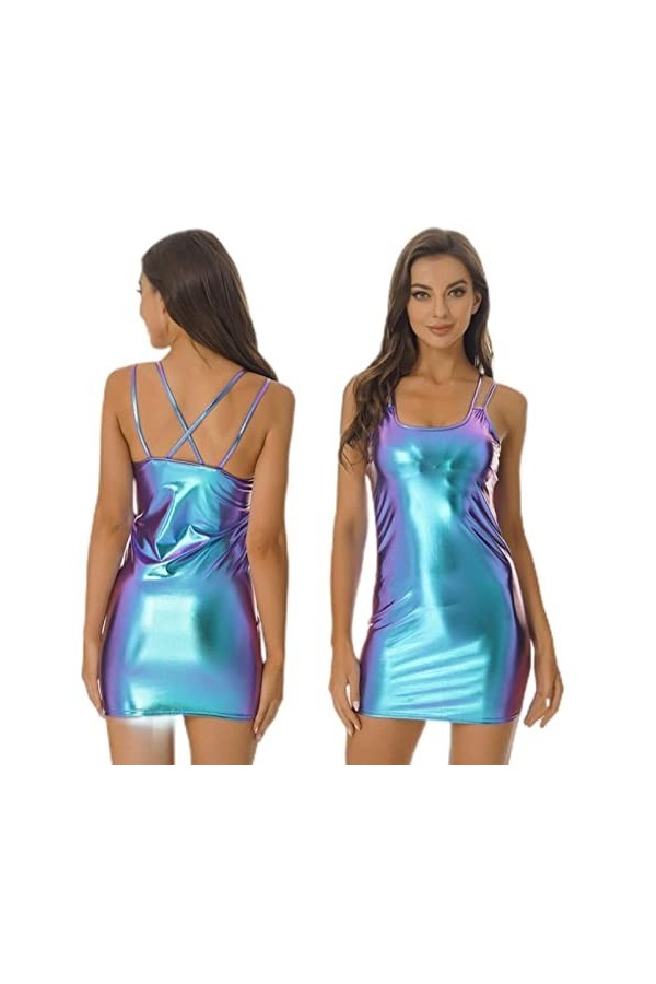 Jiangke Robe moulante sexy en cuir verni métallisé brillant pour femme - Dos croisé - Bretelles spaghetti - Rouge - Taille S