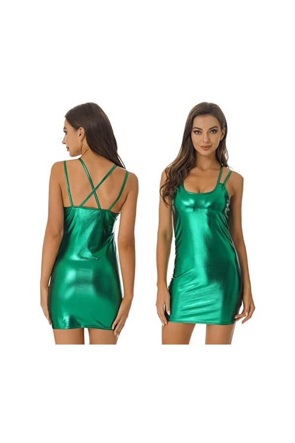 Jiangke Robe moulante sexy en cuir verni métallisé brillant pour femme - Dos croisé - Bretelles spaghetti - Rouge - Taille S