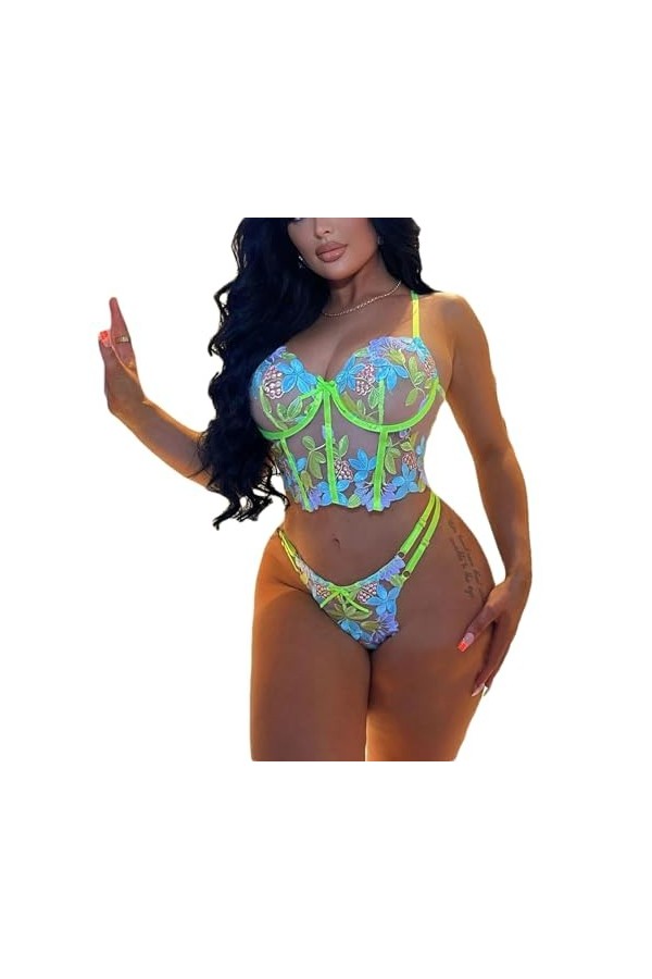 Ensembles De Lingerie Femme Soutien-Gorge Slip Costume Sexy en Dentelle Jacquard Transparent Lingerie String Ultra Fin Vêteme