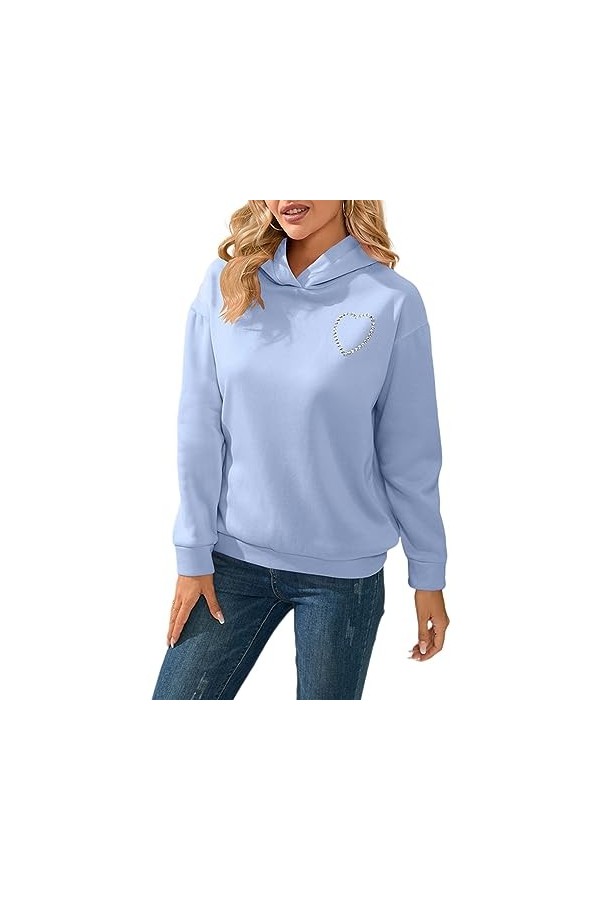 Qoier Sweat-Shirt à Capuche pour Femme - Confortable et Tendance - Couleur Unie - Printemps-Automne - Décontracté - Bleu XXL