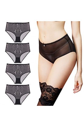 varsmiss Culotte Femme Lot De 4 Taille Haute Slip sous-vêtements Sexy en Maille Transparente Noir-Lot de 4,XXL 