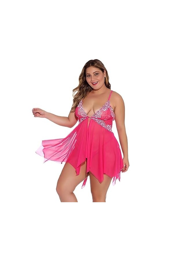 Ensemble De Lingerie Sexy pour Femmes Style Nuisette Nuisette Nuisette À Col en V avec String Color : Rose Red, Size : XL 