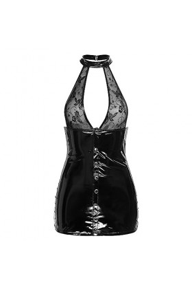 PONNYC Sexy Femmes Cuir Verni Bodycon Robes Party Costume See-Through Mesh Patchwork sans Manches Mini Robe Wet Look Clubwear