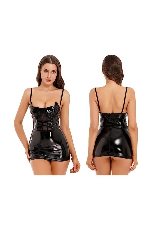 PONNYC Sexy Femmes Cuir Verni Bodycon Robes Party Costume See-Through Mesh Patchwork sans Manches Mini Robe Wet Look Clubwear