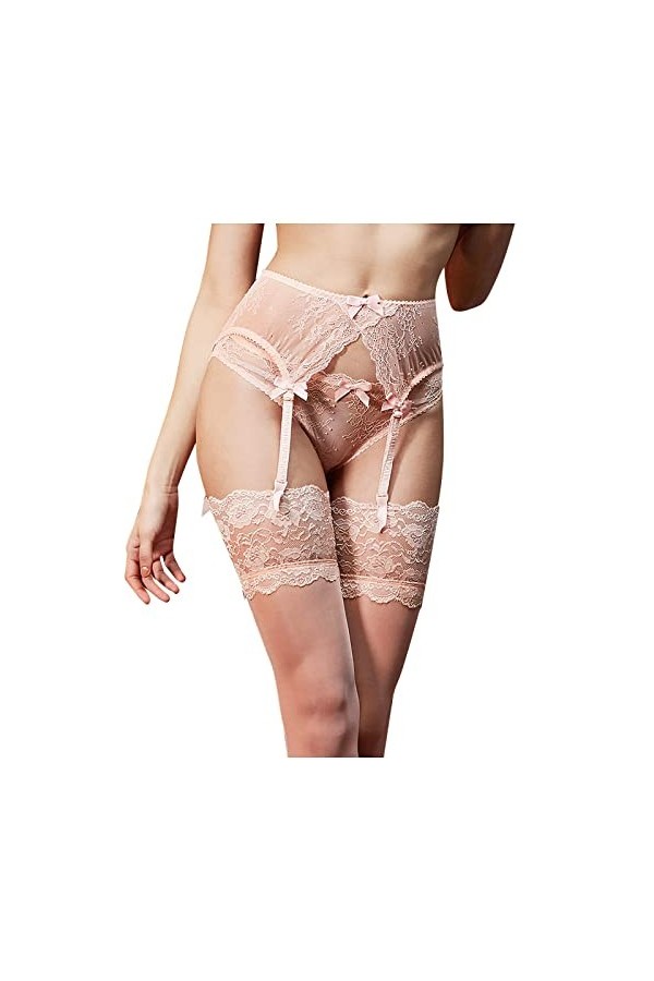 Hekbaep Culotte en dentelle brodée avec bas pour femme, Rose, XXL