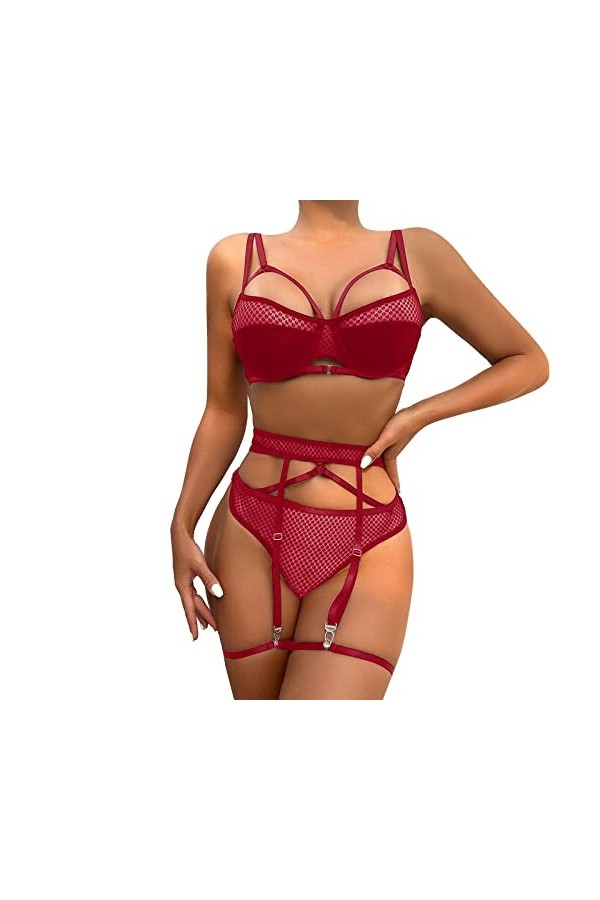 Hekbaep Sous-vêtements sexy pour femme avec anneaux de jambe - Sous-vêtements sexy fluo, rouge, S