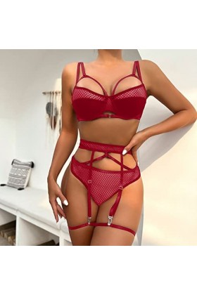 Hekbaep Sous-vêtements sexy pour femme avec anneaux de jambe - Sous-vêtements sexy fluo, rouge, S