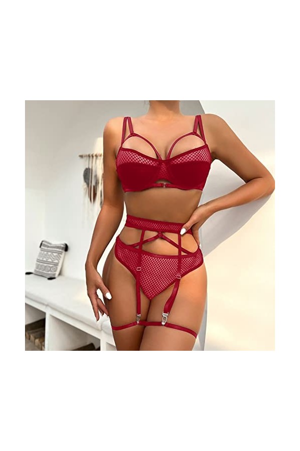 Hekbaep Sous-vêtements sexy pour femme avec anneaux de jambe - Sous-vêtements sexy fluo, rouge, S