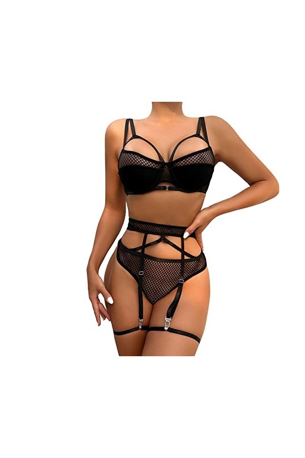 Hekbaep Sous-vêtements sexy pour femme avec anneaux de jambe - Sous-vêtements sexy fluo, Noir , S